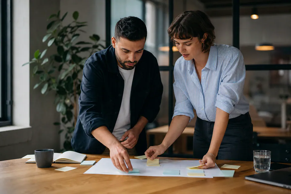 Twee collega’s ordenen samen een planning met notities op tafel