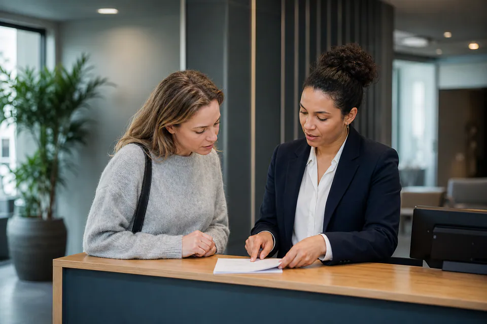Medewerker en bezoeker bespreken samen een vraag aan een rustige servicebalie