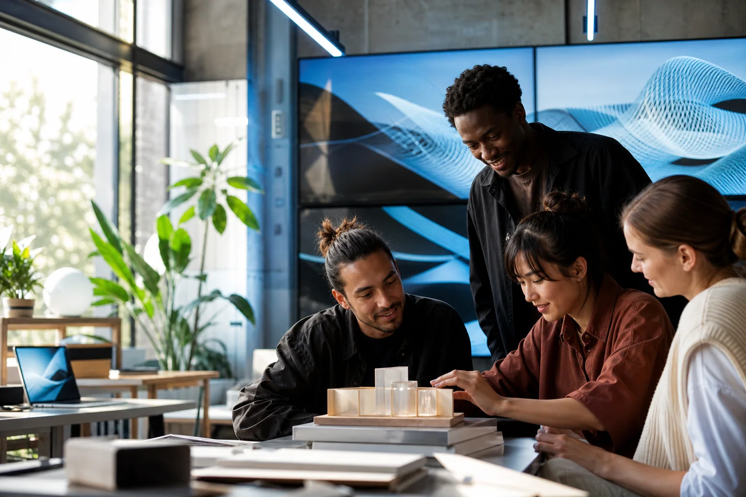 Creatief technologieteam dat samenwerkt rond een fysiek prototype