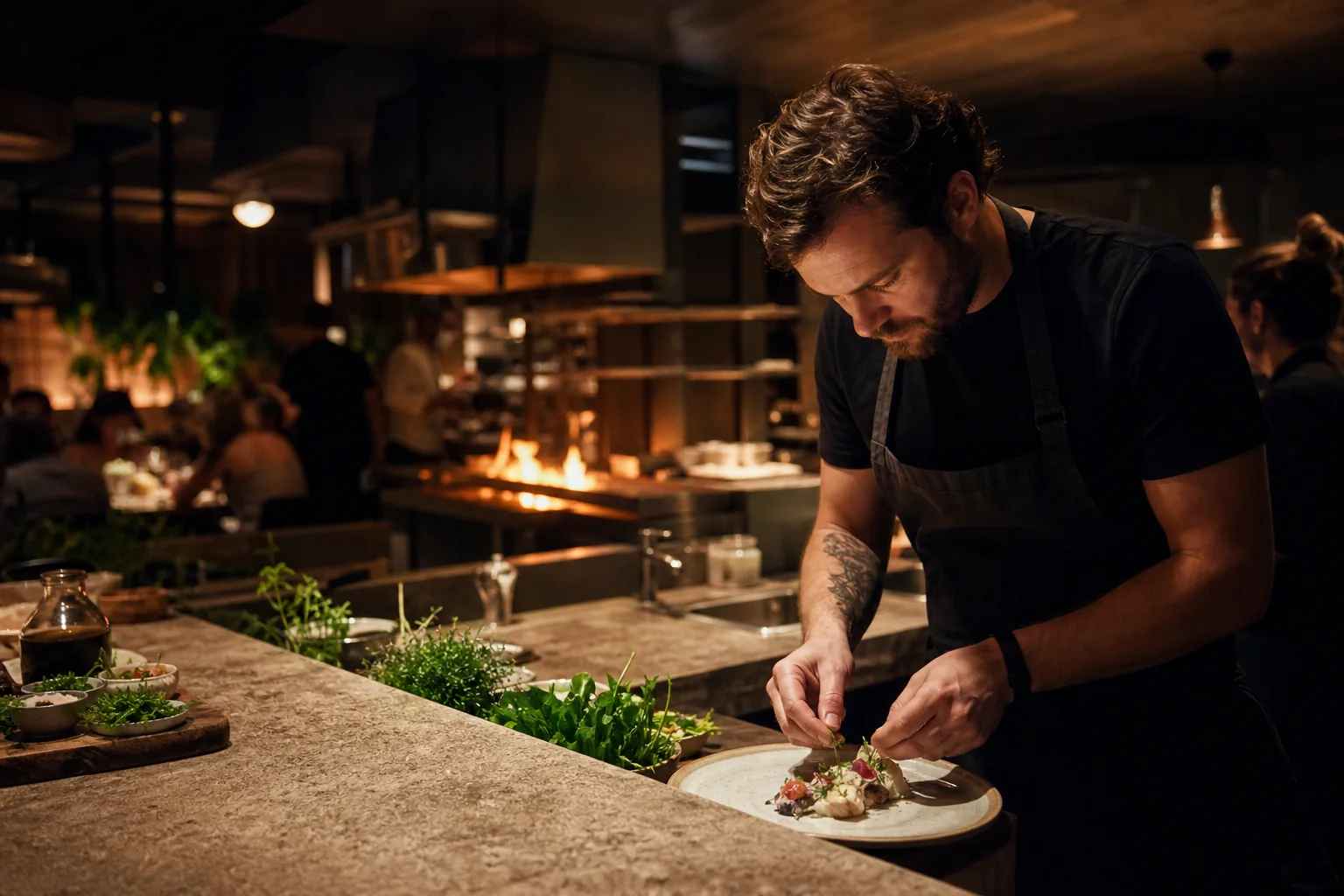 Chef die een seizoensgerecht opmaakt in een sfeervolle open keuken
