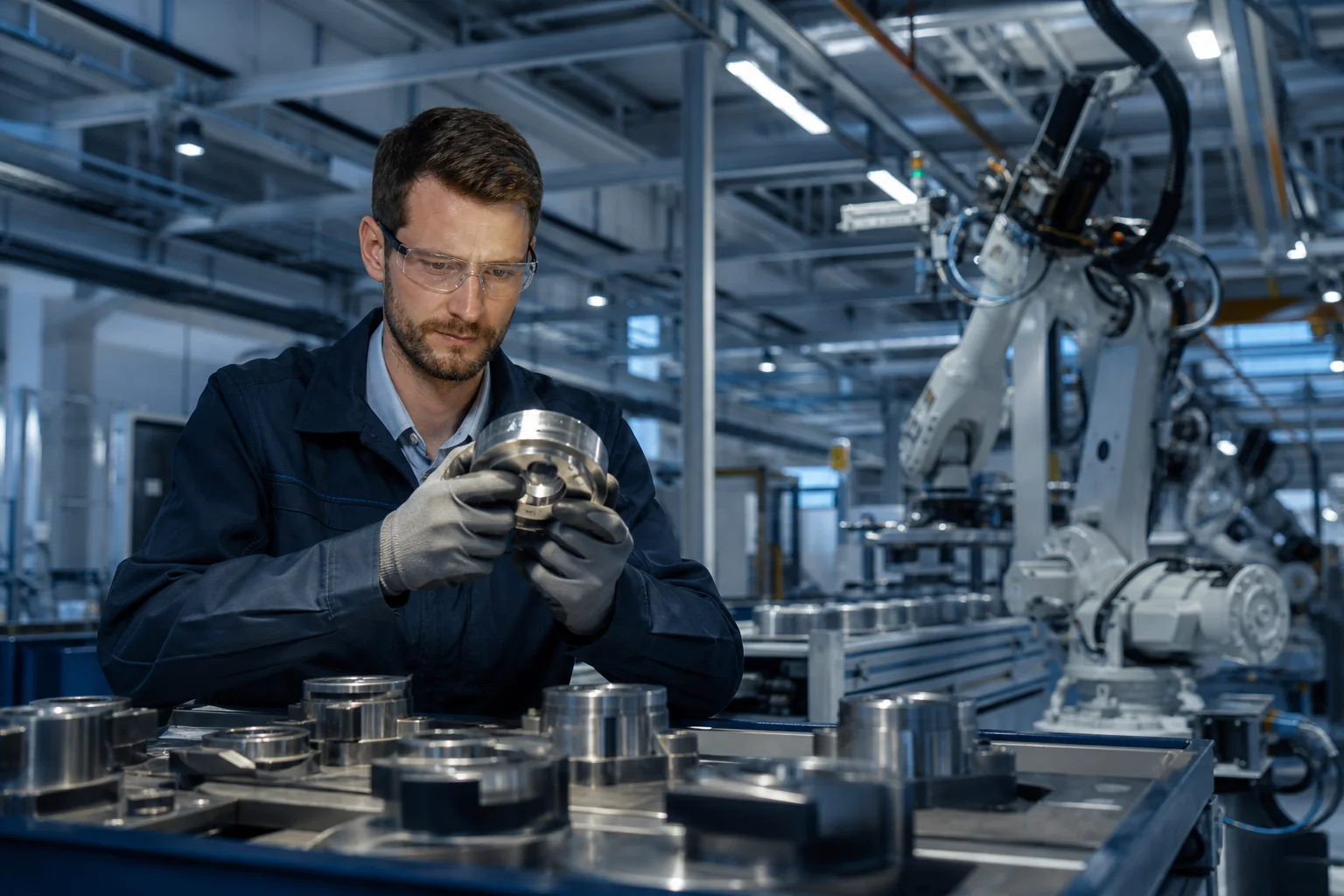 Engineer die precisieonderdelen inspecteert in een moderne productieruimte