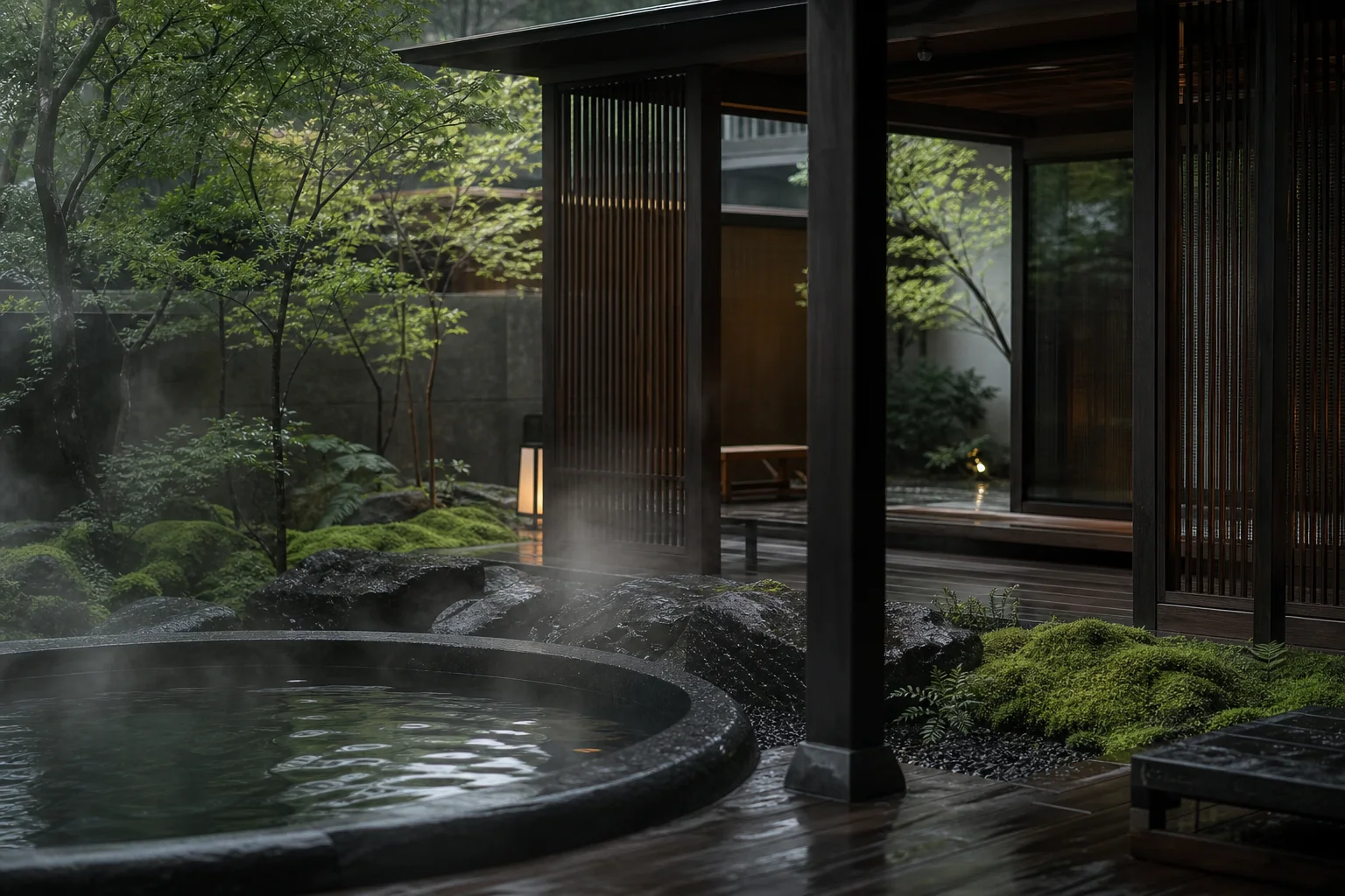 Rustige Japanse wellnesspaviljoen met hout, steen, water en mos