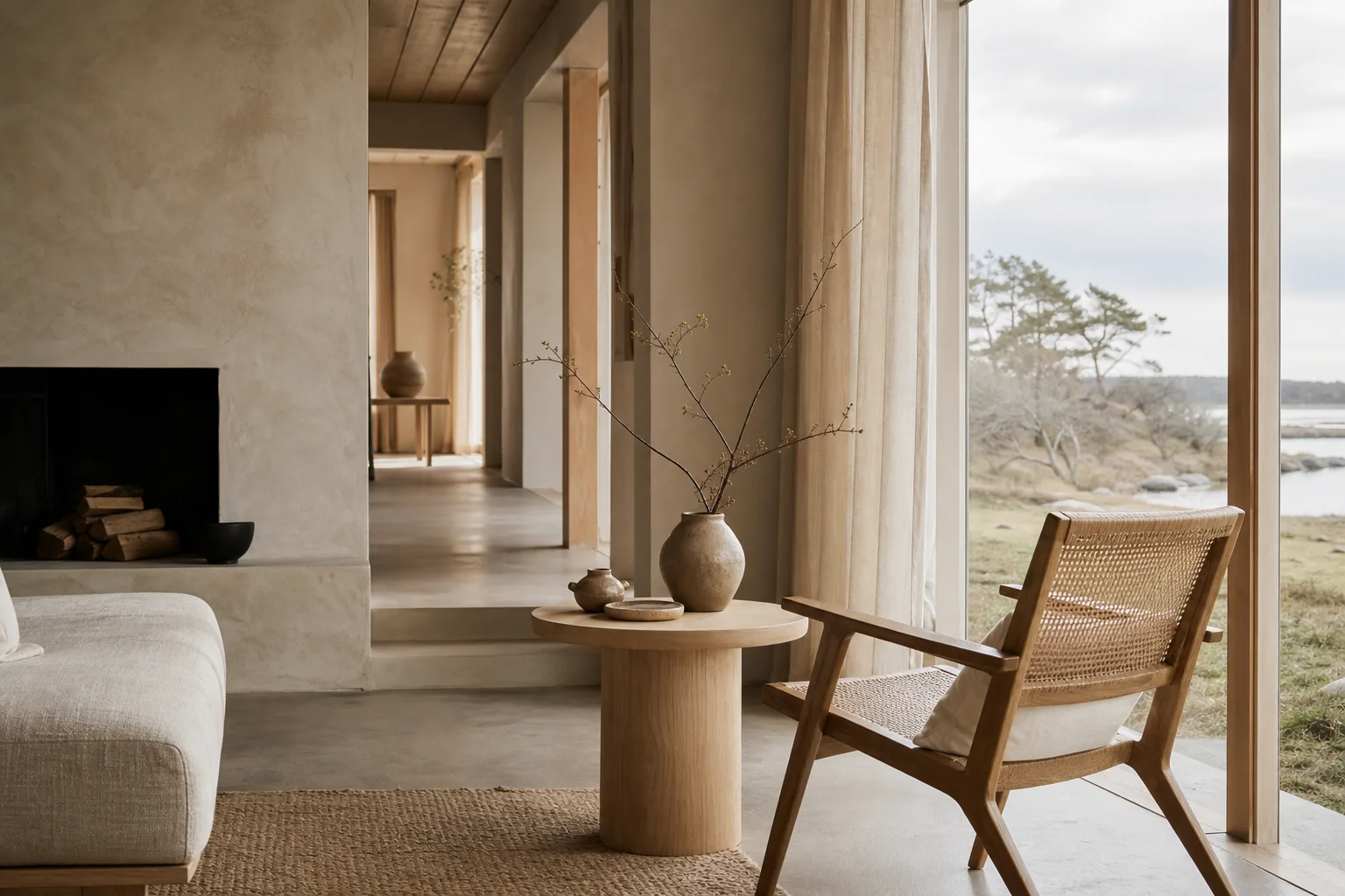 Warm Scandinavisch interieur met natuurlijke materialen en zacht daglicht